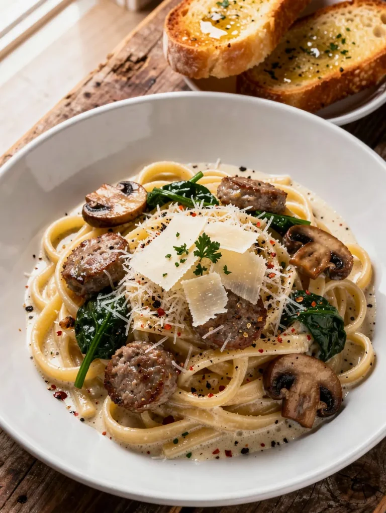 Creamy Alfredo sausage pasta with fettuccine, Italian sausage, mushrooms, spinach, Parmesan cheese, and garlic bread.