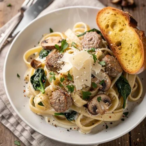 Creamy Alfredo sauce sausage pasta with fettuccine, Italian sausage, mushrooms, spinach, shaved Parmesan, and garlic toast.