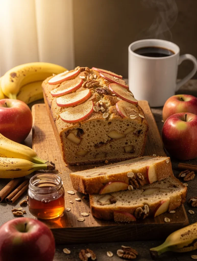 Apple banana bread loaf with apple slices, walnuts, oats, and sliced bread served with coffee, bananas, and fresh apples.