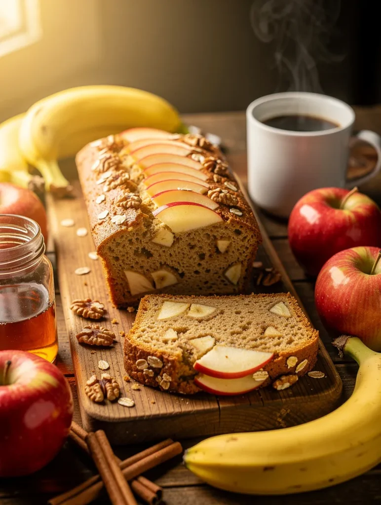 Apple banana bread with fresh apple slices, banana pieces, walnuts, oats, and a sliced loaf served with coffee and honey.