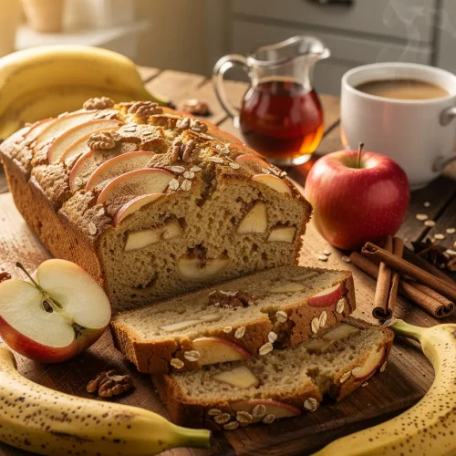 Apple banana bread recipe loaf with apple slices, walnuts, oats, and sliced bread served with fresh apples, bananas, cinnamon, and coffee.