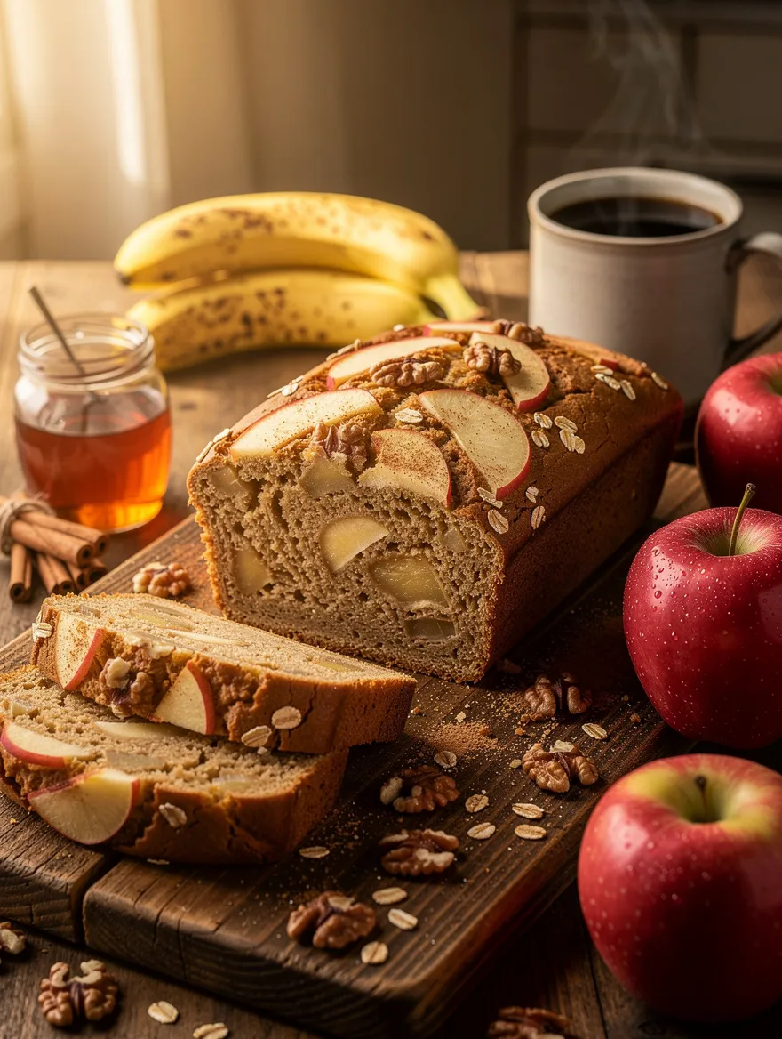 Apple banana bread loaf with fresh apple slices, walnuts, oats, and sliced banana bread on a rustic wooden board.
