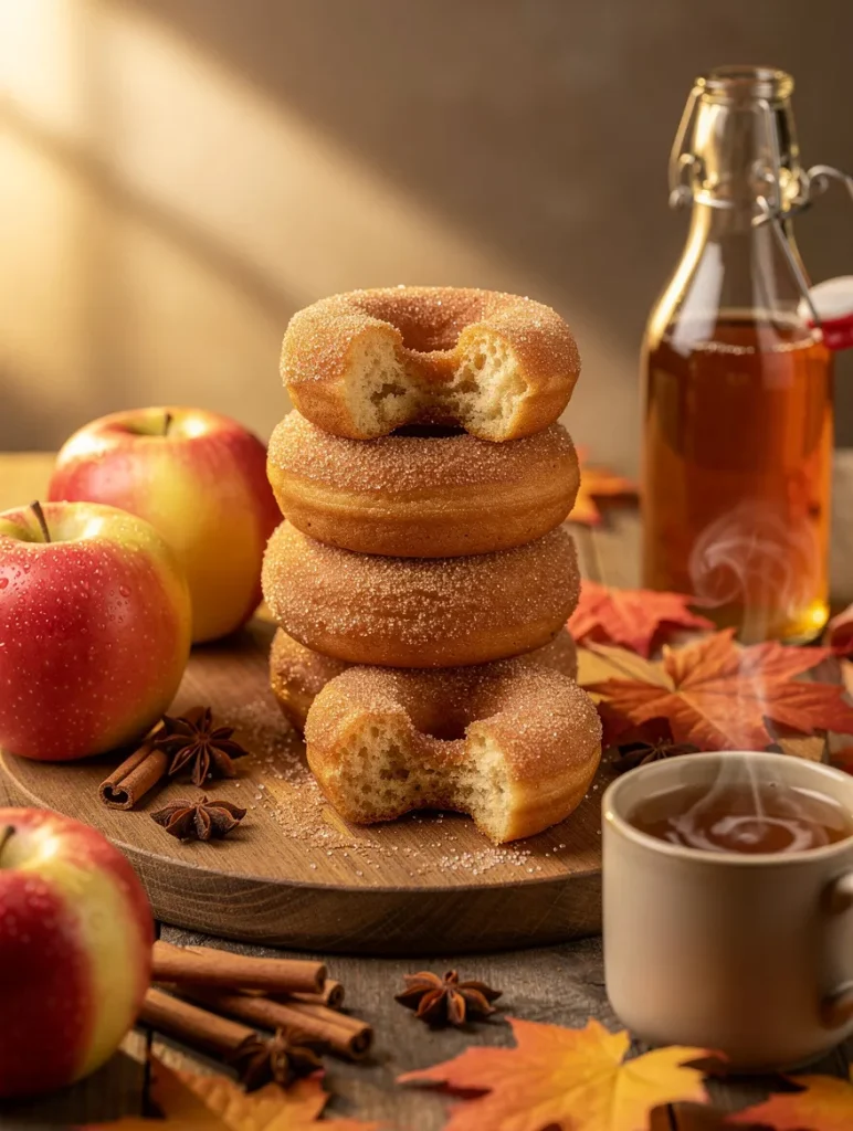 Stack of homemade apple cider donuts coated in cinnamon sugar with bite marks, surrounded by fresh apples, apple cider, warm coffee, cinnamon sticks, and fall leaves.