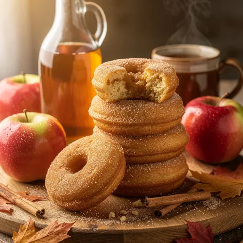 Homemade apple cider donuts coated in cinnamon sugar with a soft interior, served with fresh apples, hot coffee, apple cider, cinnamon sticks, and autumn leaves.