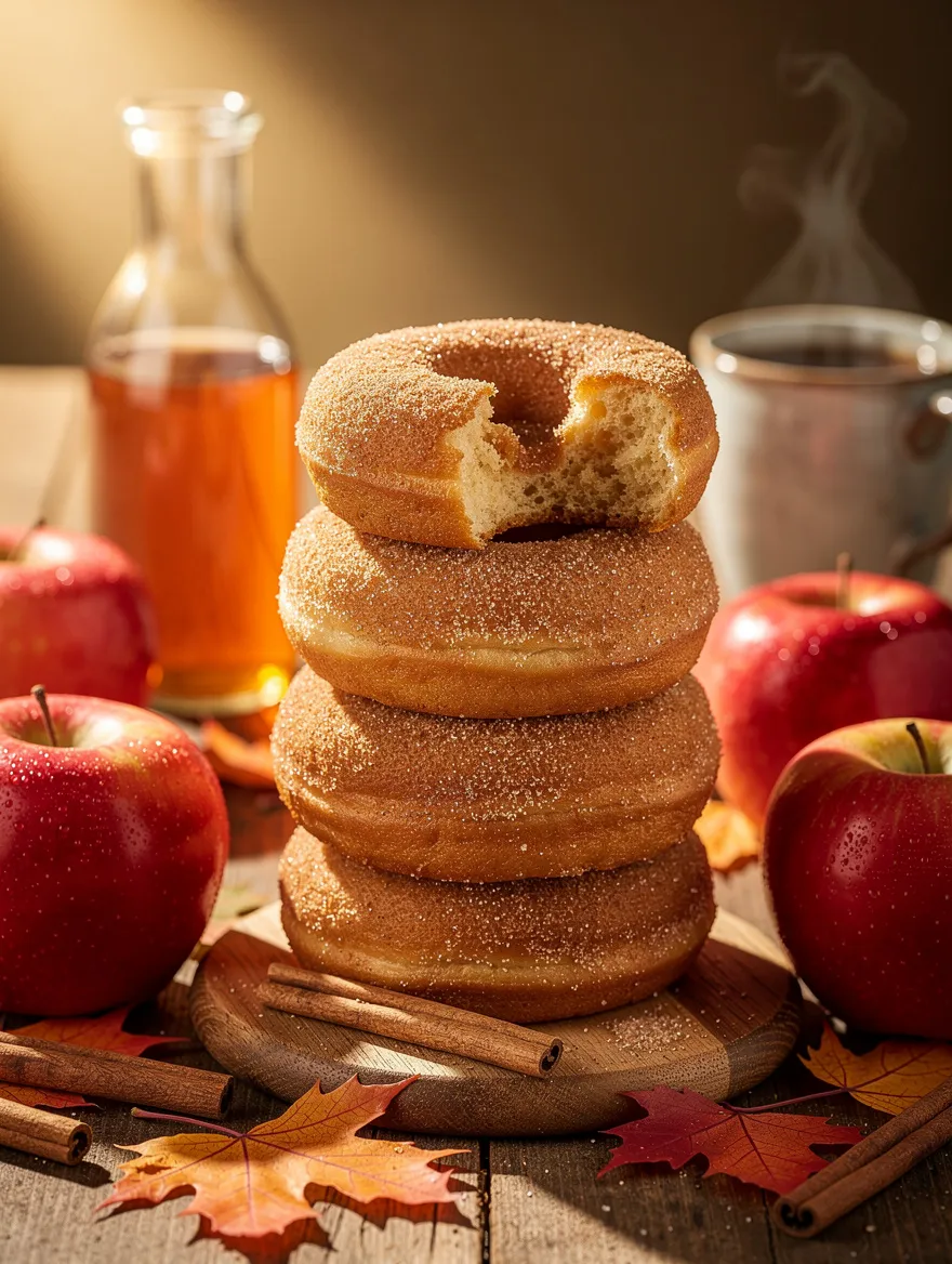 Stack of cinnamon sugar apple cider donuts with one bitten donut, surrounded by fresh apples, cinnamon sticks, and warm autumn decor.