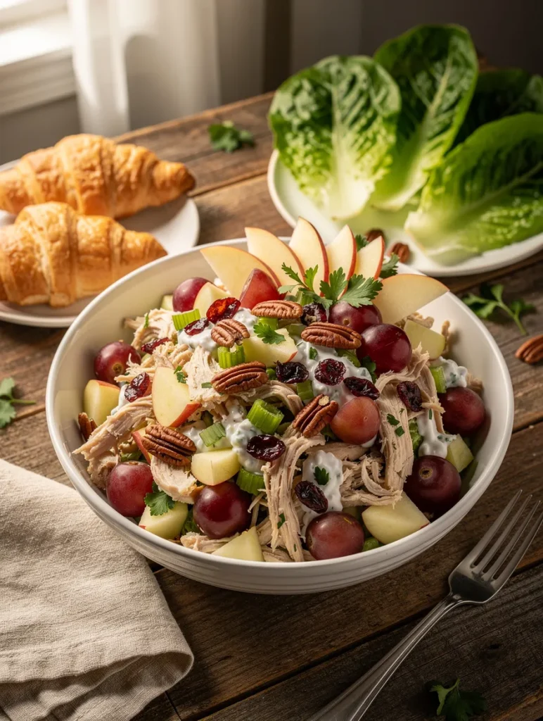 Apple grape chicken salad with shredded chicken, red grapes, apples, celery, pecans, dried cranberries, creamy dressing, and croissants.