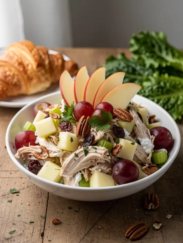 Apple grape chicken salad with shredded chicken, apples, red grapes, celery, pecans, dried cranberries, and creamy dressing.