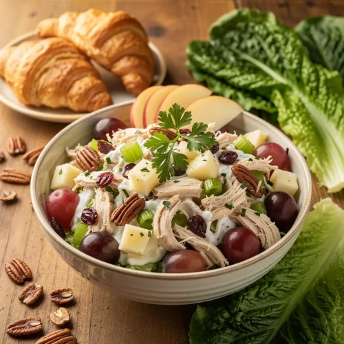 Apple grape chicken salad with shredded chicken, grapes, apples, celery, pecans, dried cranberries, and creamy dressing served with romaine lettuce and croissants.