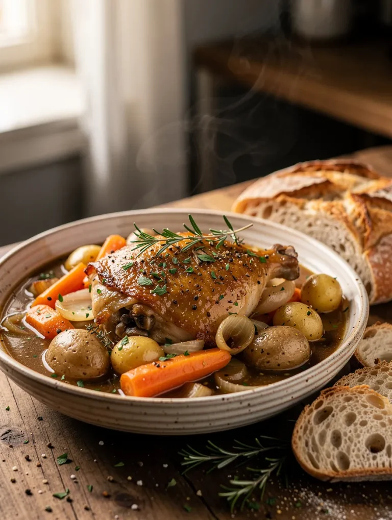 Rustic boneless skinless chicken thigh crockpot dinner served with baby potatoes, carrots, onions, and savory broth, garnished with fresh rosemary and parsley, alongside slices of crusty artisan bread.