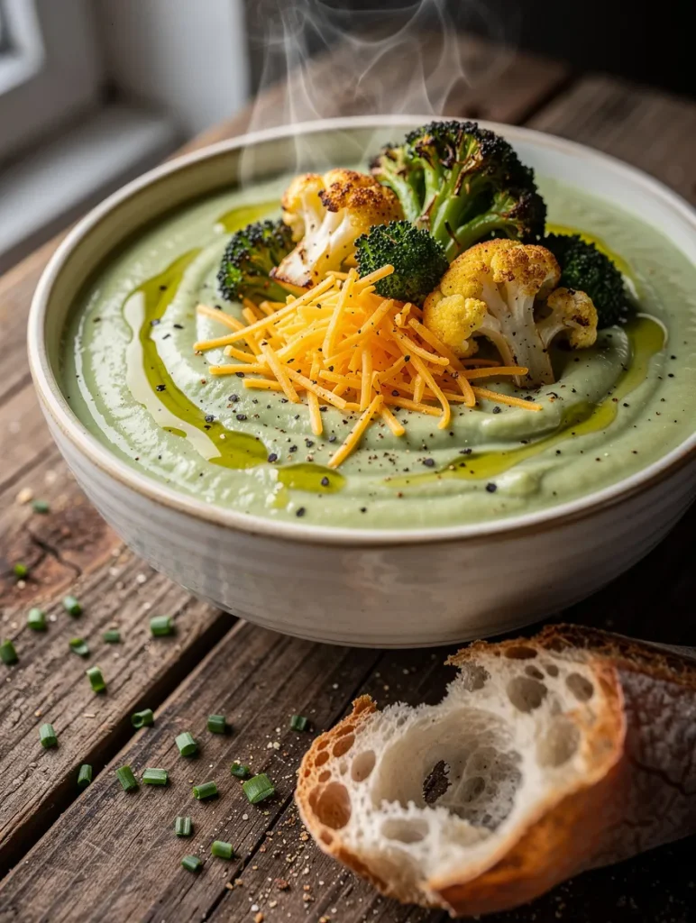 Creamy broccoli and cauliflower soup topped with roasted broccoli, roasted cauliflower, shredded cheddar cheese, cracked black pepper, and olive oil, served with rustic artisan bread.