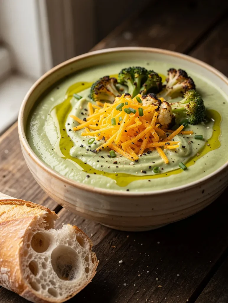 Creamy broccoli and cauliflower soup topped with roasted broccoli, roasted cauliflower, shredded cheddar cheese, fresh chives, cracked black pepper, and olive oil, served with crusty artisan bread.