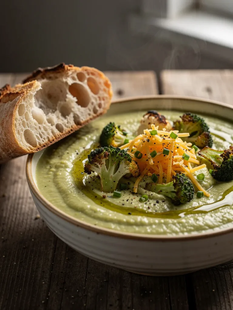 Creamy broccoli and cauliflower soup topped with roasted broccoli, shredded cheddar cheese, chives, cracked black pepper, and olive oil, served with rustic artisan bread.