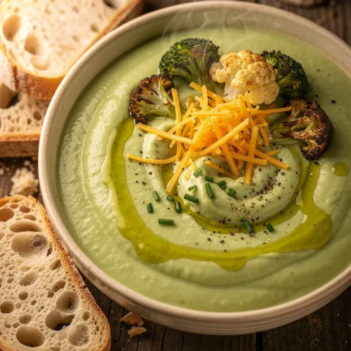 Creamy broccoli and cauliflower soup topped with roasted broccoli, roasted cauliflower, shredded cheddar cheese, fresh chives, cracked black pepper, and olive oil, served with slices of artisan bread.
