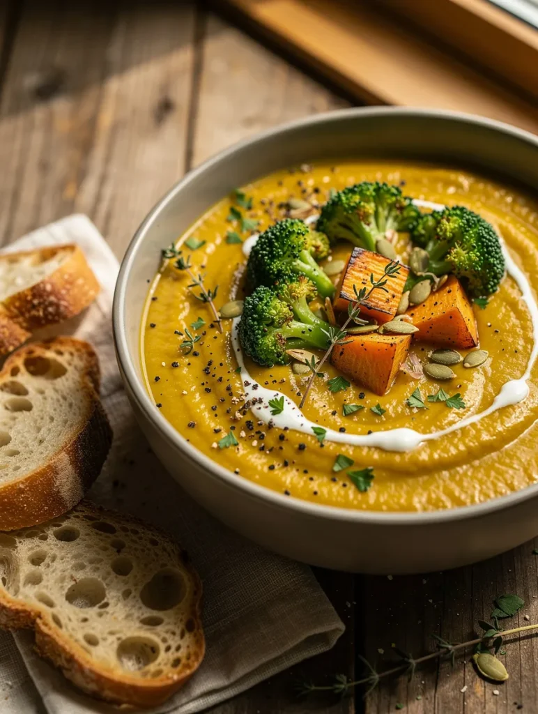 Creamy broccoli sweet potato soup topped with roasted broccoli, roasted sweet potato cubes, pumpkin seeds, fresh thyme, cracked black pepper, and a swirl of cream, served with sliced crusty bread.