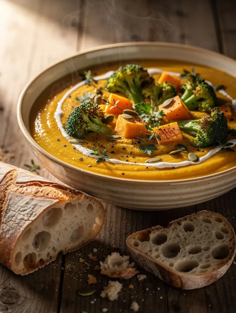 Creamy broccoli sweet potato soup topped with roasted broccoli florets, roasted sweet potato cubes, pumpkin seeds, fresh herbs, cracked black pepper, and a swirl of cream, served with rustic artisan bread.