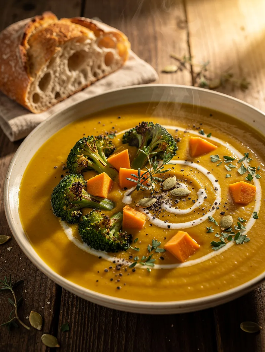Creamy broccoli sweet potato soup garnished with roasted broccoli, sweet potato cubes, pumpkin seeds, fresh herbs, cracked black pepper, and a swirl of cream, served with rustic artisan bread.
