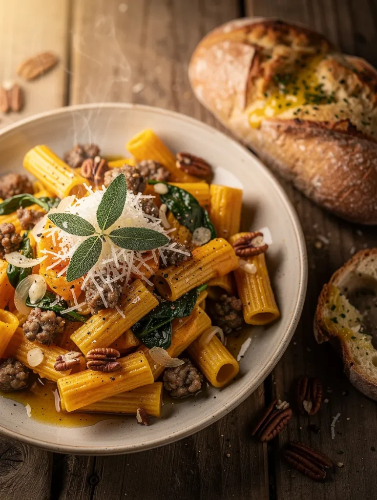 Butternut squash sausage pasta with rigatoni, spinach, Parmesan, sage, pecans, and garlic bread on a rustic table.