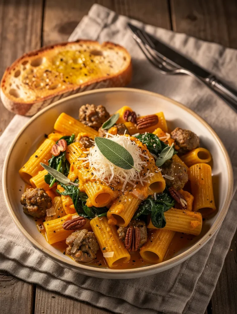 Butternut squash sausage pasta with rigatoni, spinach, Parmesan cheese, sage, pecans, and toasted garlic bread.