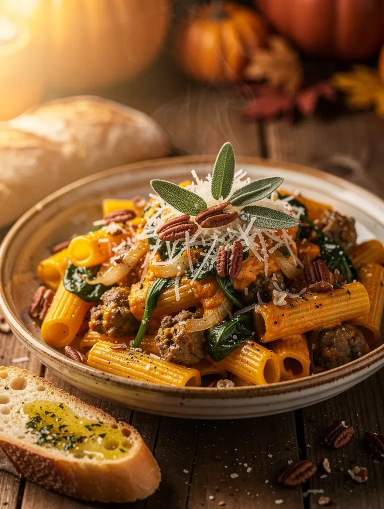 Butternut squash sausage pasta with rigatoni, spinach, pecans, Parmesan cheese, sage, and garlic bread.