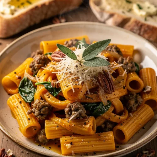 Butternut squash sausage pasta recipe with rigatoni, spinach, Parmesan, sage, pecans, and garlic bread.