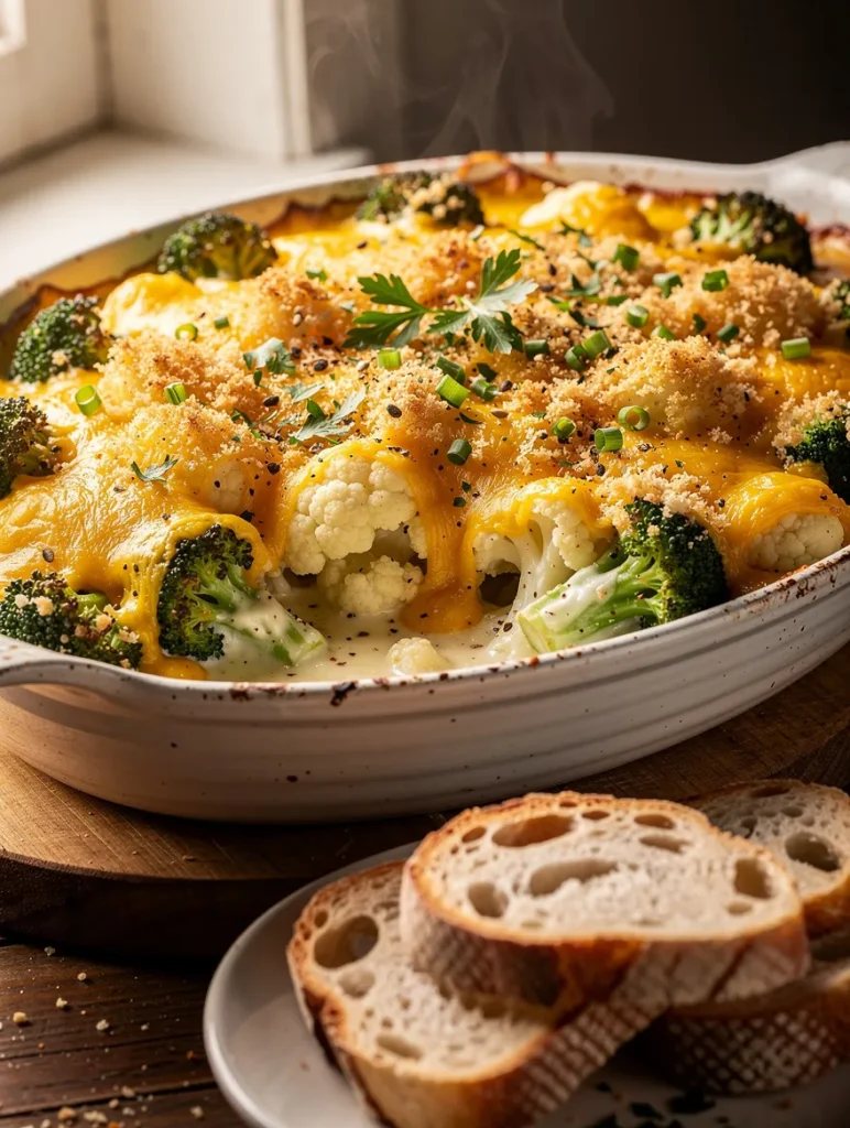 Close-up of cheesy cauliflower and broccoli casserole baked with melted cheddar cheese, crispy breadcrumb topping, fresh parsley, chives, and served with slices of artisan bread.