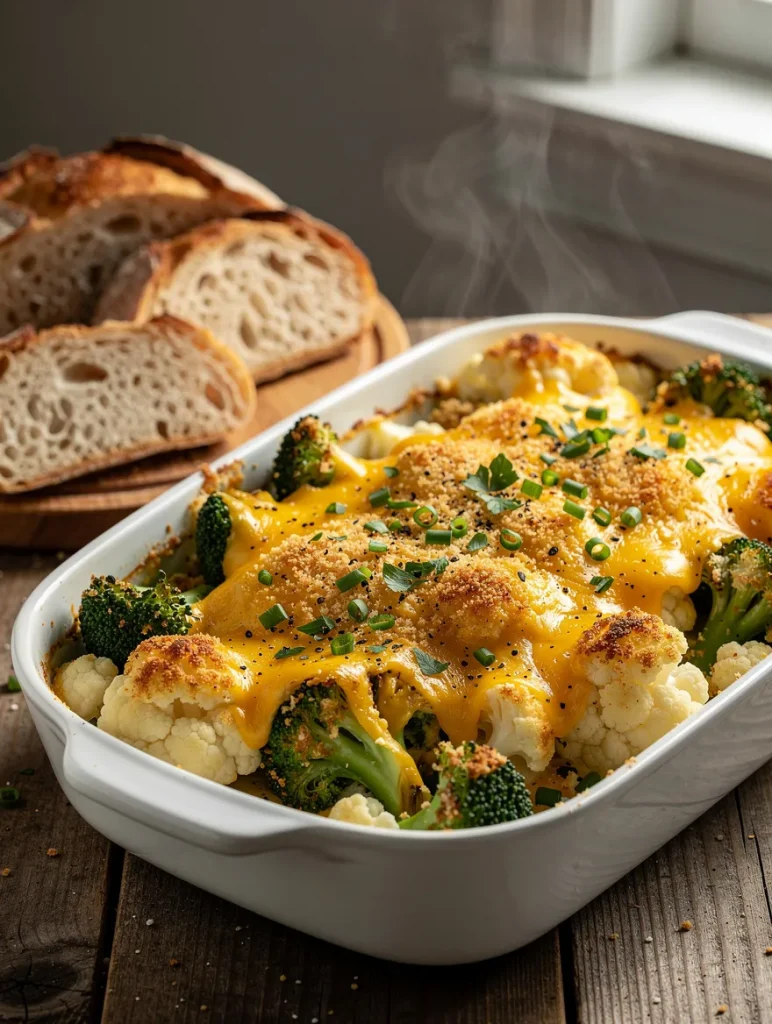 Baked cauliflower and broccoli casserole with melted cheddar cheese, crispy breadcrumb topping, fresh chives, parsley, and artisan bread on a rustic wooden table.