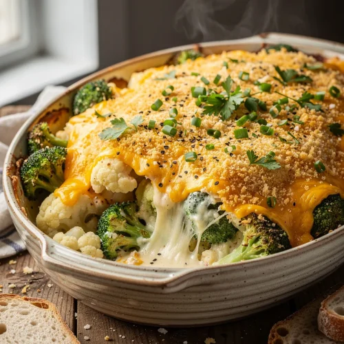 Creamy cauliflower and broccoli casserole with melted cheddar cheese, crispy breadcrumb topping, fresh parsley, chives, and gooey cheese pull, served with artisan bread.