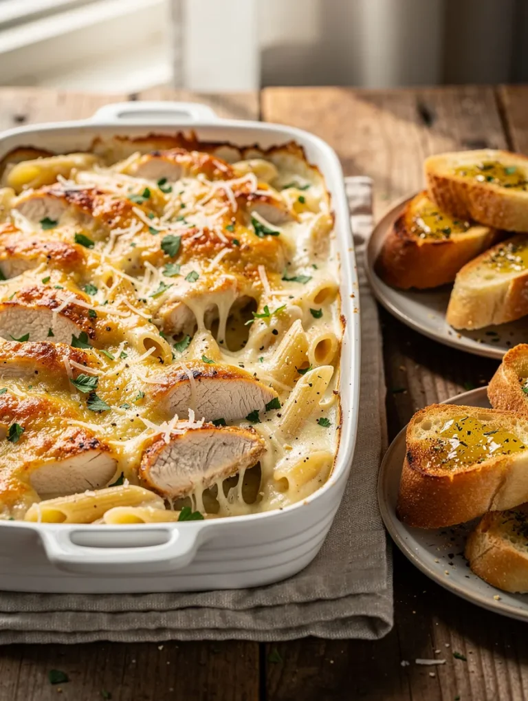 Creamy chicken Alfredo casserole baked with penne pasta, sliced grilled chicken, melted Parmesan cheese, and fresh parsley, served with garlic bread.
