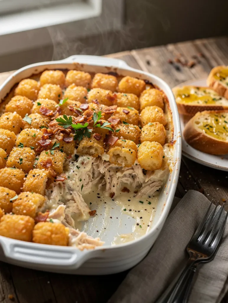 Chicken Alfredo Tater Tot Casserole with crispy golden tater tots, creamy shredded chicken Alfredo filling, bacon crumbles, parsley, and garlic bread.