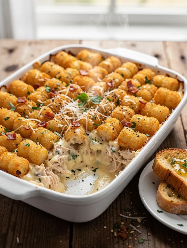 Chicken Alfredo Tater Tot Casserole baked with crispy golden tater tots, creamy shredded chicken Alfredo filling, Parmesan cheese, bacon, and garlic bread.