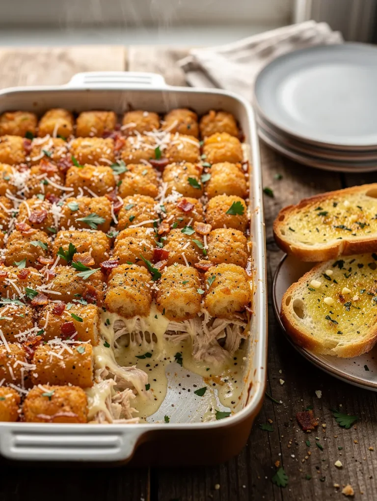 Chicken Alfredo Tater Tot Casserole topped with crispy golden tater tots, bacon, Parmesan cheese, and parsley, served with garlic bread.