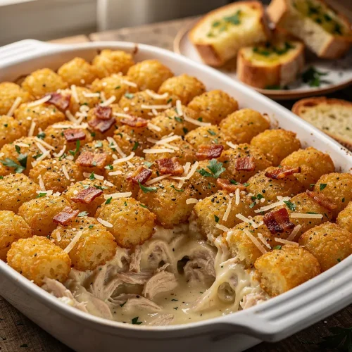 Chicken Alfredo Tater Tot Casserole with crispy golden tater tots, creamy Alfredo chicken filling, bacon crumbles, Parmesan cheese, and garlic bread.