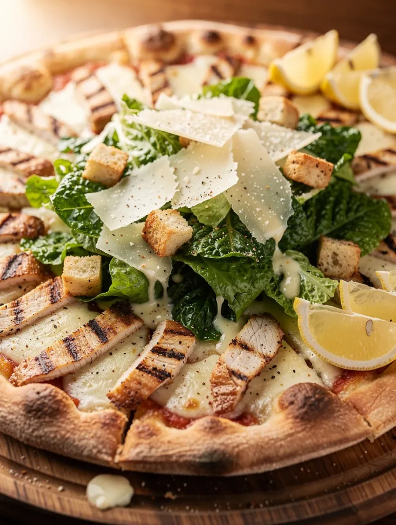 Chicken Caesar Salad Pizza topped with grilled chicken, romaine lettuce, shaved Parmesan, croutons, creamy Caesar dressing, melted mozzarella, and fresh lemon wedges.