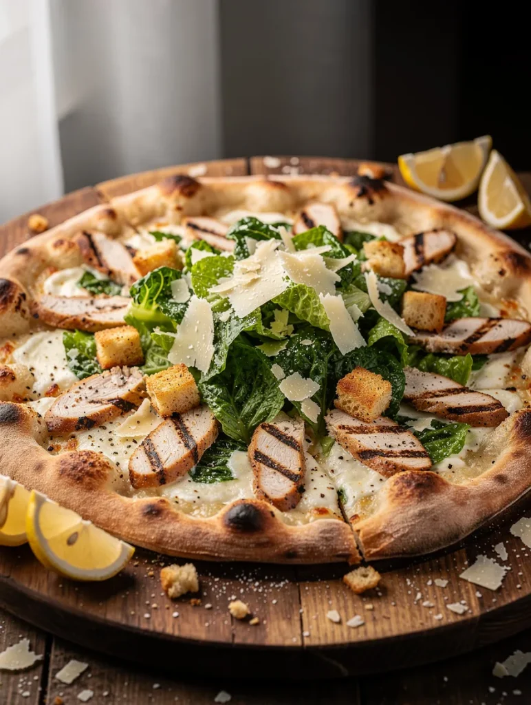 Chicken Caesar Salad Pizza with grilled chicken, romaine lettuce, shaved Parmesan cheese, croutons, creamy Caesar dressing, and a crispy artisan pizza crust.