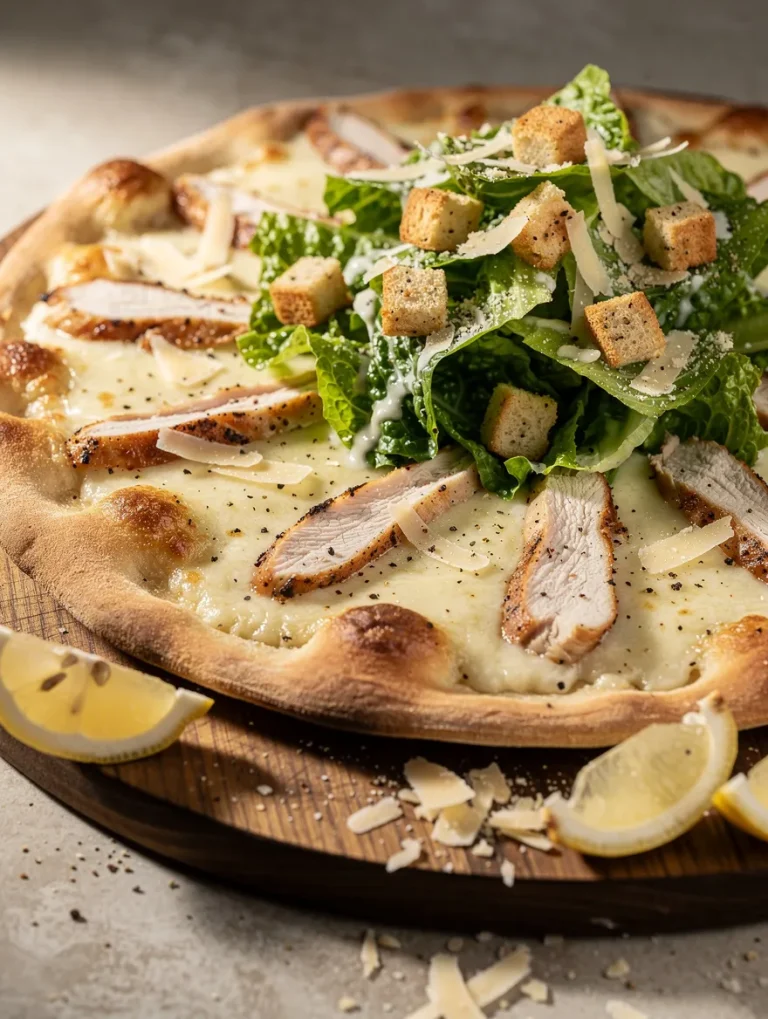 Chicken Caesar Salad Pizza topped with grilled chicken, romaine lettuce, Caesar dressing, Parmesan cheese, croutons, and a creamy white cheese base.