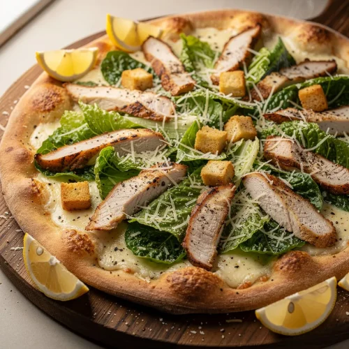 Chicken Caesar Salad Pizza with grilled chicken, romaine lettuce, Parmesan cheese, garlic croutons, mozzarella, and lemon wedges on a crispy homemade pizza crust.