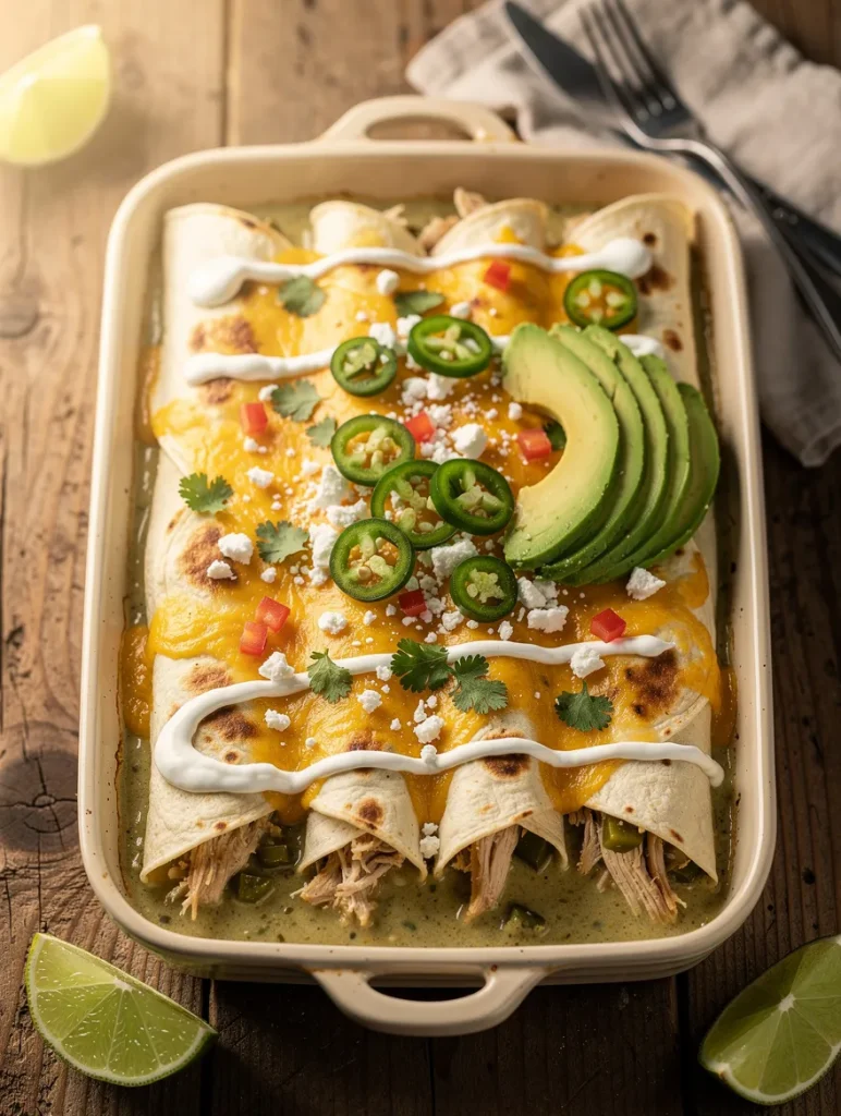 Baked chicken enchiladas with sour cream and green chilies topped with melted cheddar, avocado slices, jalapeños, queso fresco, cilantro, and creamy green chile sauce.