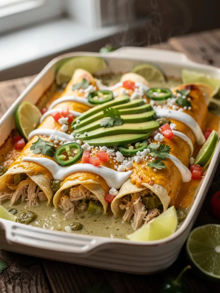 Creamy chicken enchiladas with sour cream and green chilies baked in green chile sauce, topped with cheddar cheese, avocado, jalapeños, cilantro, queso fresco, and fresh lime wedges.