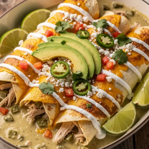 Chicken enchiladas with sour cream and green chilies topped with melted cheddar, avocado slices, sour cream, jalapeños, cilantro, queso fresco, and lime wedges in a creamy green chile sauce.