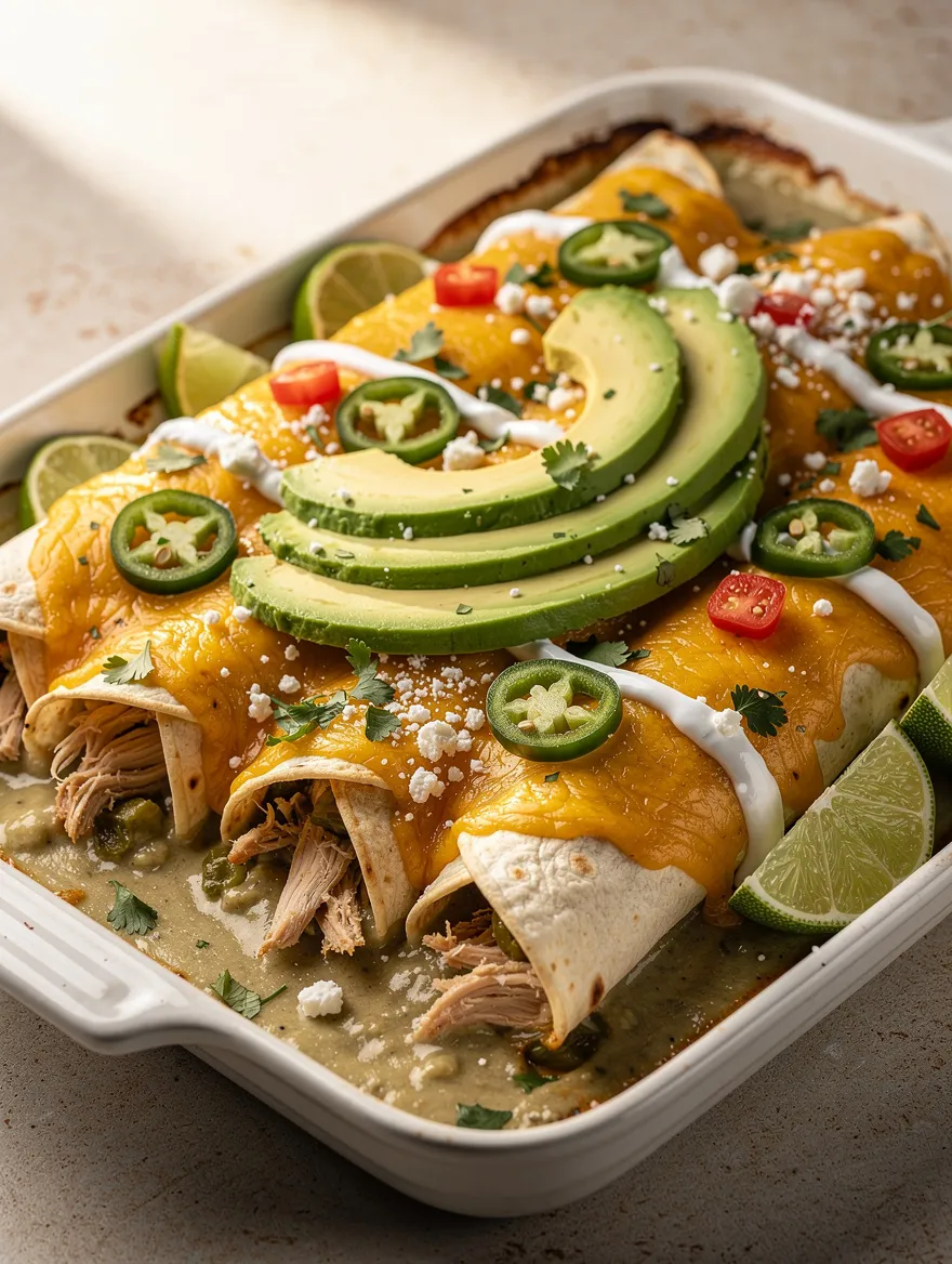 Chicken enchiladas with sour cream and green chilies topped with melted cheddar cheese, avocado, jalapeños, queso fresco, cilantro, and lime wedges.