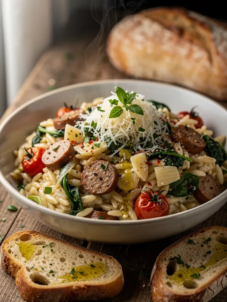 Chicken sausage orzo pasta with cherry tomatoes, spinach, Parmesan cheese, herbs, and crusty bread served on a rustic wooden table.