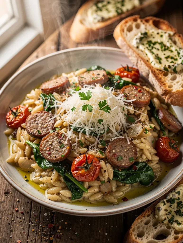 Chicken sausage orzo pasta with roasted cherry tomatoes, spinach, Parmesan cheese, herbs, and garlic bread served on a rustic wooden table.