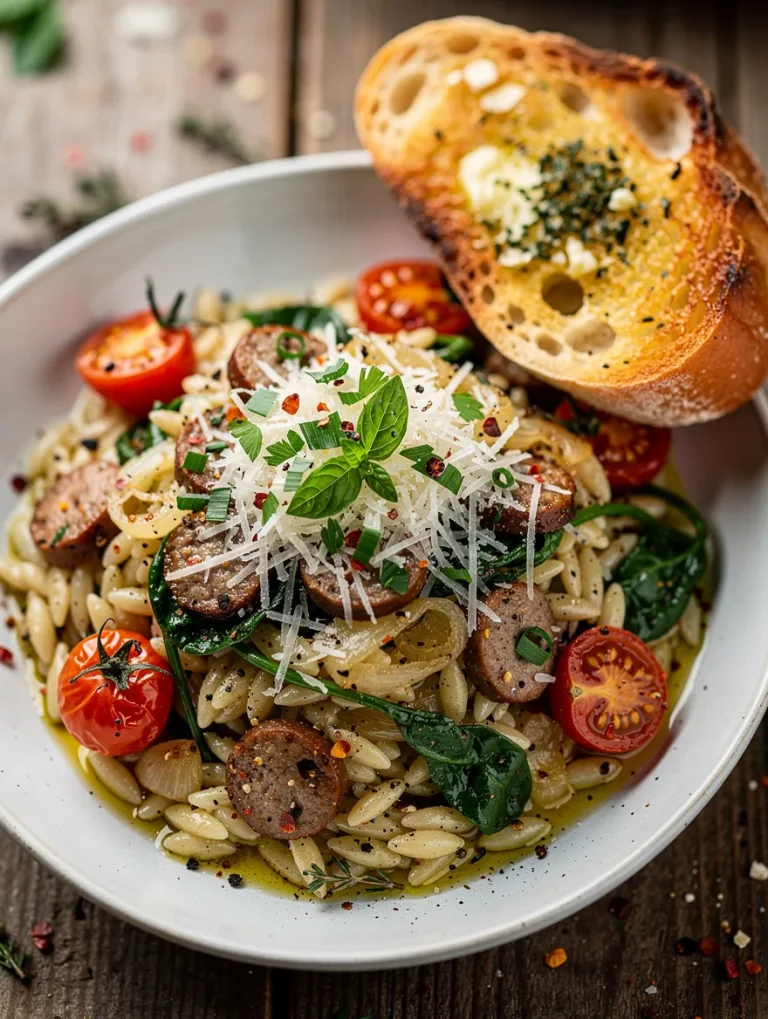 Chicken sausage orzo pasta with spinach, cherry tomatoes, Parmesan cheese, herbs, and toasted garlic bread served in a rustic bowl.