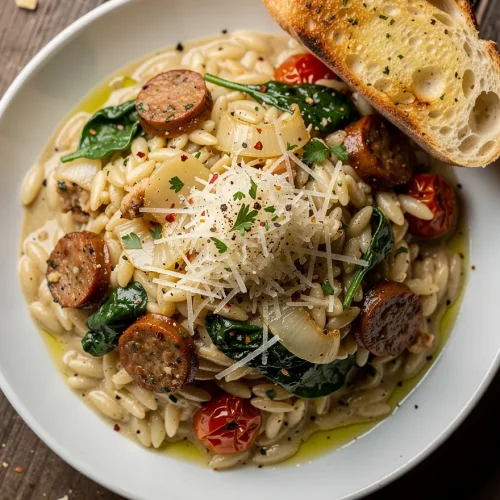 Creamy chicken sausage orzo pasta with spinach, cherry tomatoes, Parmesan cheese, sautéed onions, and toasted garlic bread.