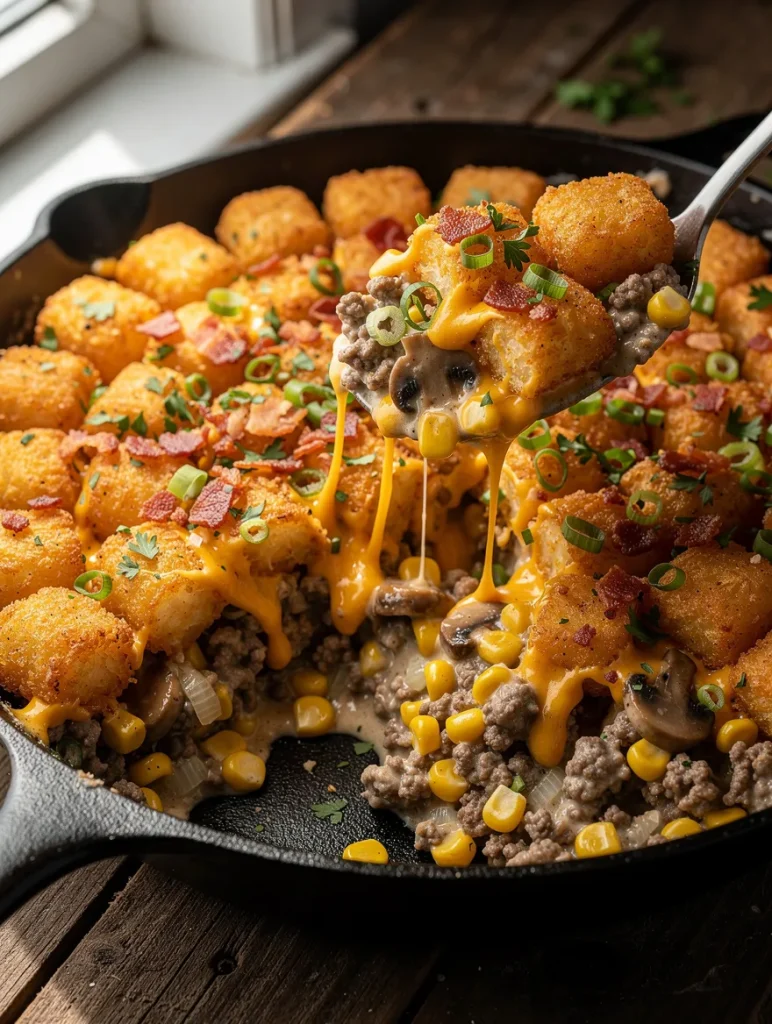 Cheesy cowboy casserole with crispy tater tots, ground beef, corn, mushrooms, bacon, and melted cheddar cheese served from a cast iron skillet.