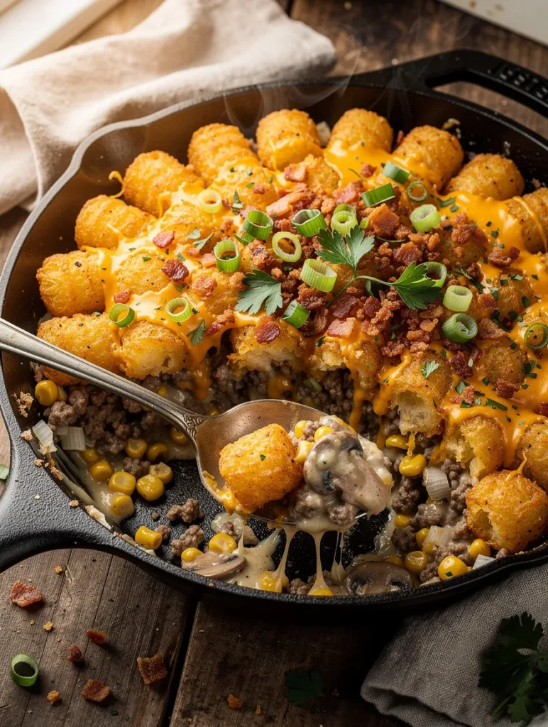 Cowboy casserole with crispy tater tots, ground beef, mushrooms, corn, melted cheddar cheese, bacon, and green onions in a cast iron skillet.