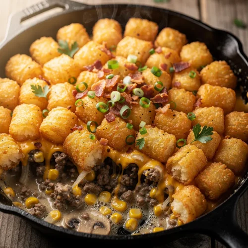 Cowboy Casserole with crispy tater tots, melted cheddar cheese, ground beef, corn, mushrooms, bacon, and green onions baked in a cast iron skillet.