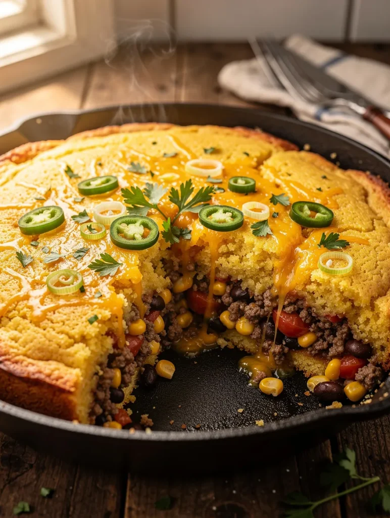 Cheesy cowboy cornbread casserole in a cast-iron skillet with seasoned ground beef, black beans, corn, tomatoes, and jalapeño slices beneath a golden cornbread topping.