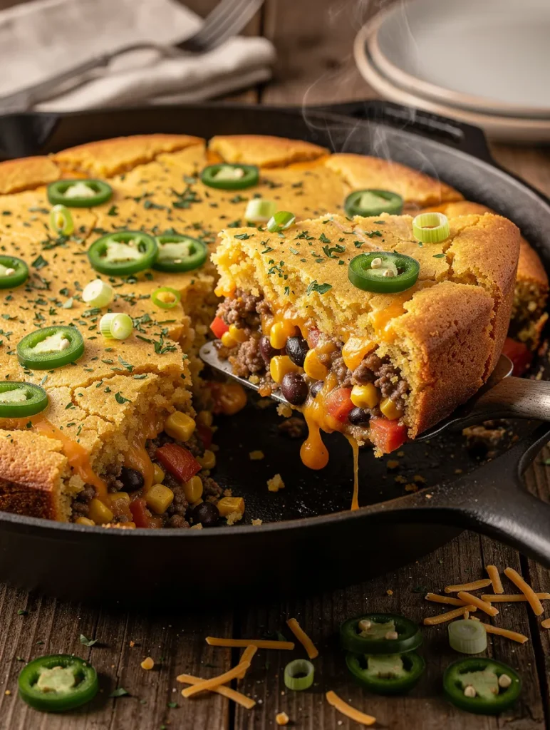 Slice of cowboy cornbread casserole served from a cast-iron skillet with cheesy ground beef, black beans, corn, diced tomatoes, and jalapeño-topped cornbread.