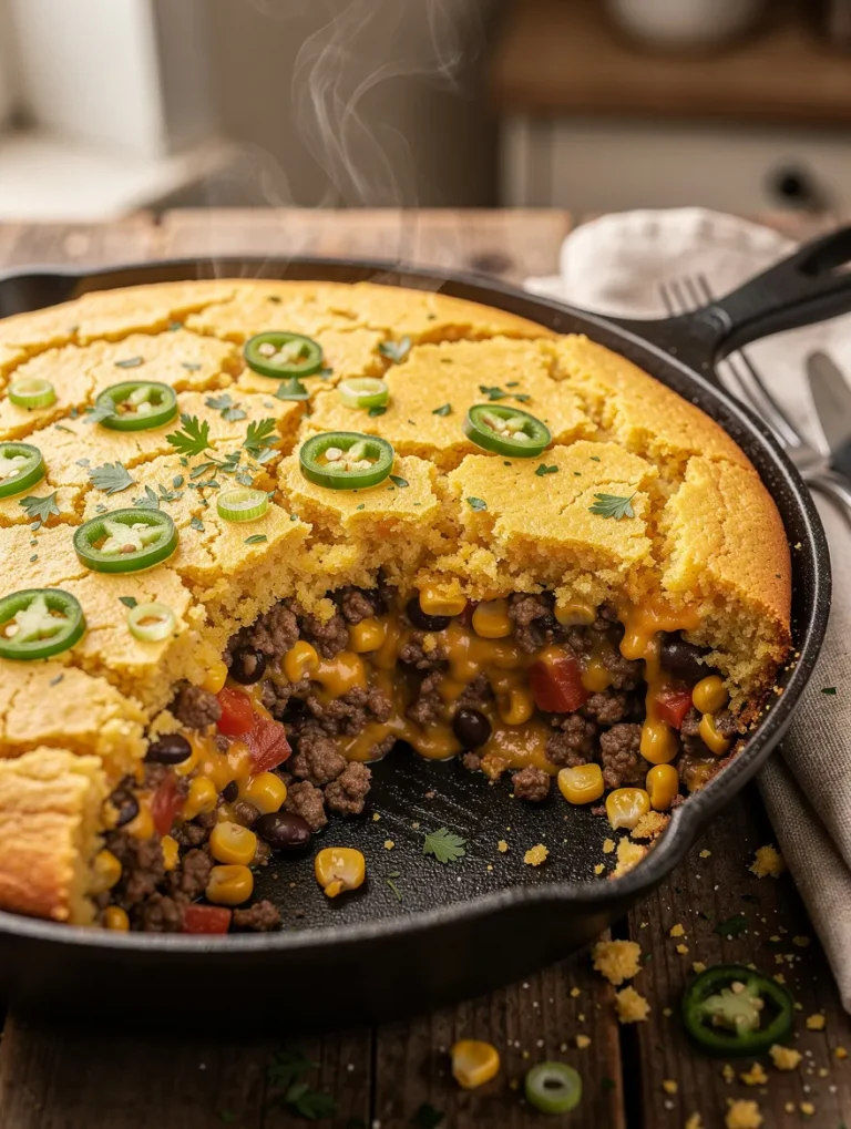 Cowboy cornbread casserole baked in a cast-iron skillet with a cheesy ground beef filling, black beans, corn, diced tomatoes, and sliced jalapeños on top.